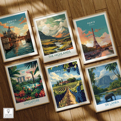 Framed travel posters of Venice, Paris, Scotland, Singapore, Niagara, and Sri Lanka for wall art decor