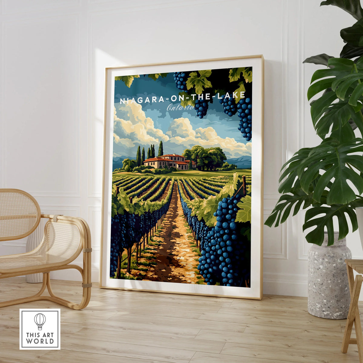 Niagara-on-the-Lake Ontario travel poster featuring vineyard rows, grape clusters, and rustic winery under blue sky