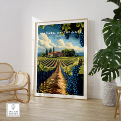 Niagara-on-the-Lake Ontario travel poster featuring vineyard rows, grape clusters, and rustic winery under blue sky