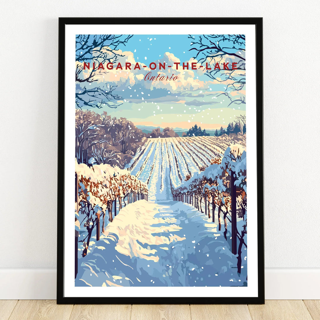 Niagara-on-the-Lake winter vineyard travel poster, Ontario wall art print with snow and trees