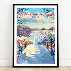 Niagara-on-the-Lake winter vineyard travel poster, Ontario wall art print with snow and trees
