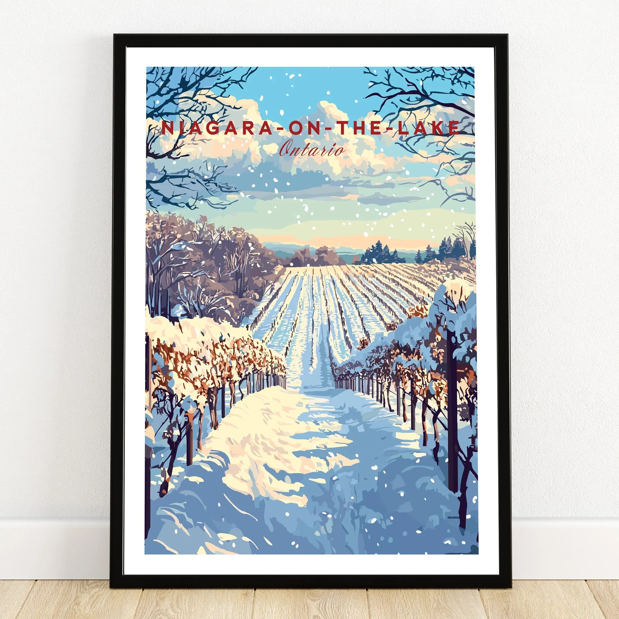 Niagara-on-the-Lake winter vineyard travel poster, Ontario wall art print with snow and trees
