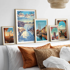 Travel posters of Paris, Niagara, Copenhagen, Tokyo, and Barcelona for home decor wall art