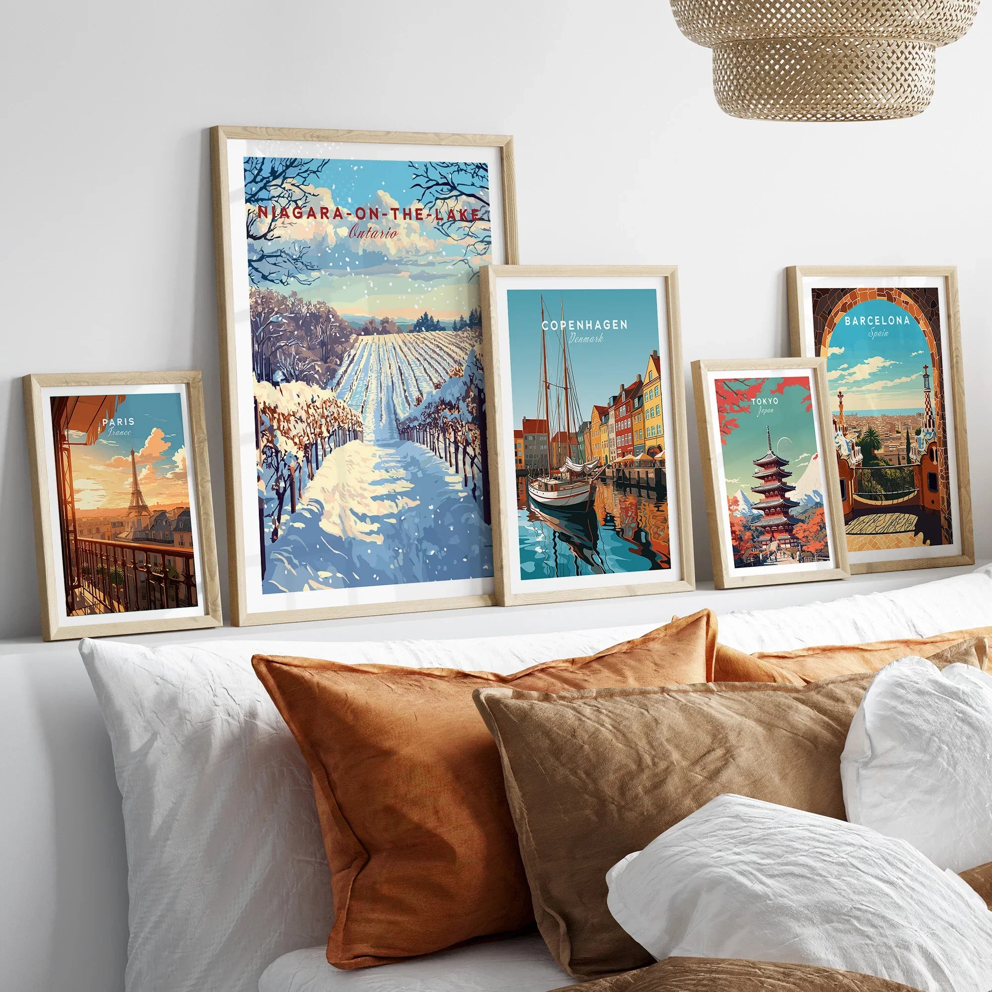 Travel posters of Paris, Niagara, Copenhagen, Tokyo, and Barcelona for home decor wall art