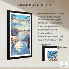 Framed Niagara-on-the-Lake winter vineyard art print, snowy landscape wall decor with black frame