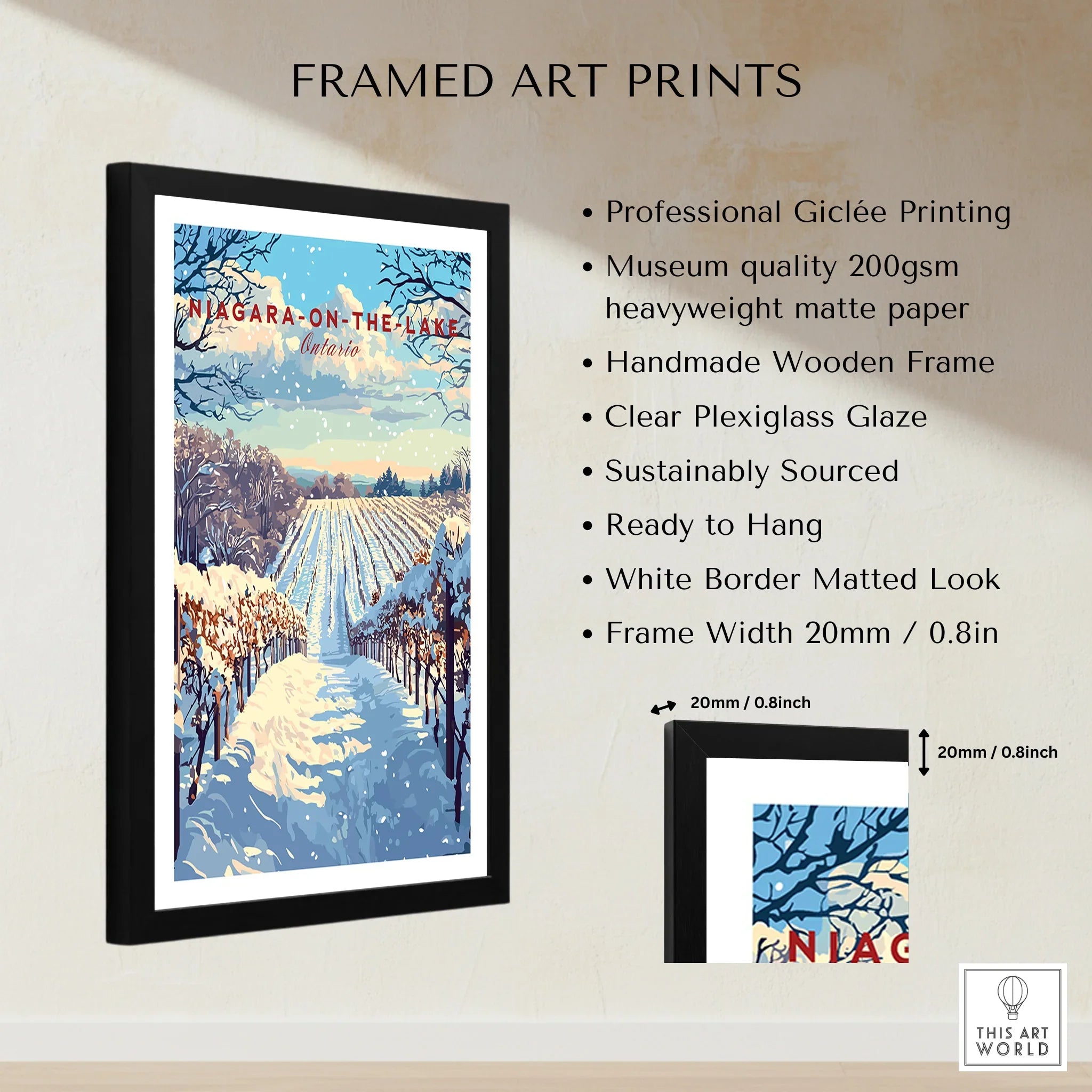 Framed Niagara-on-the-Lake winter vineyard art print, snowy landscape wall decor with black frame
