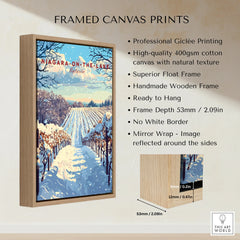 Framed canvas print of snowy Niagara-on-the-Lake vineyard, Ontario travel poster wall art