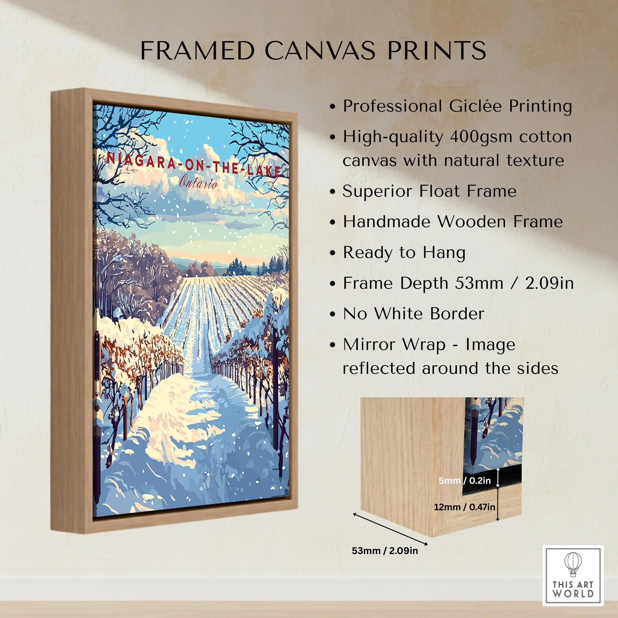 Framed canvas print of snowy Niagara-on-the-Lake vineyard, Ontario travel poster wall art