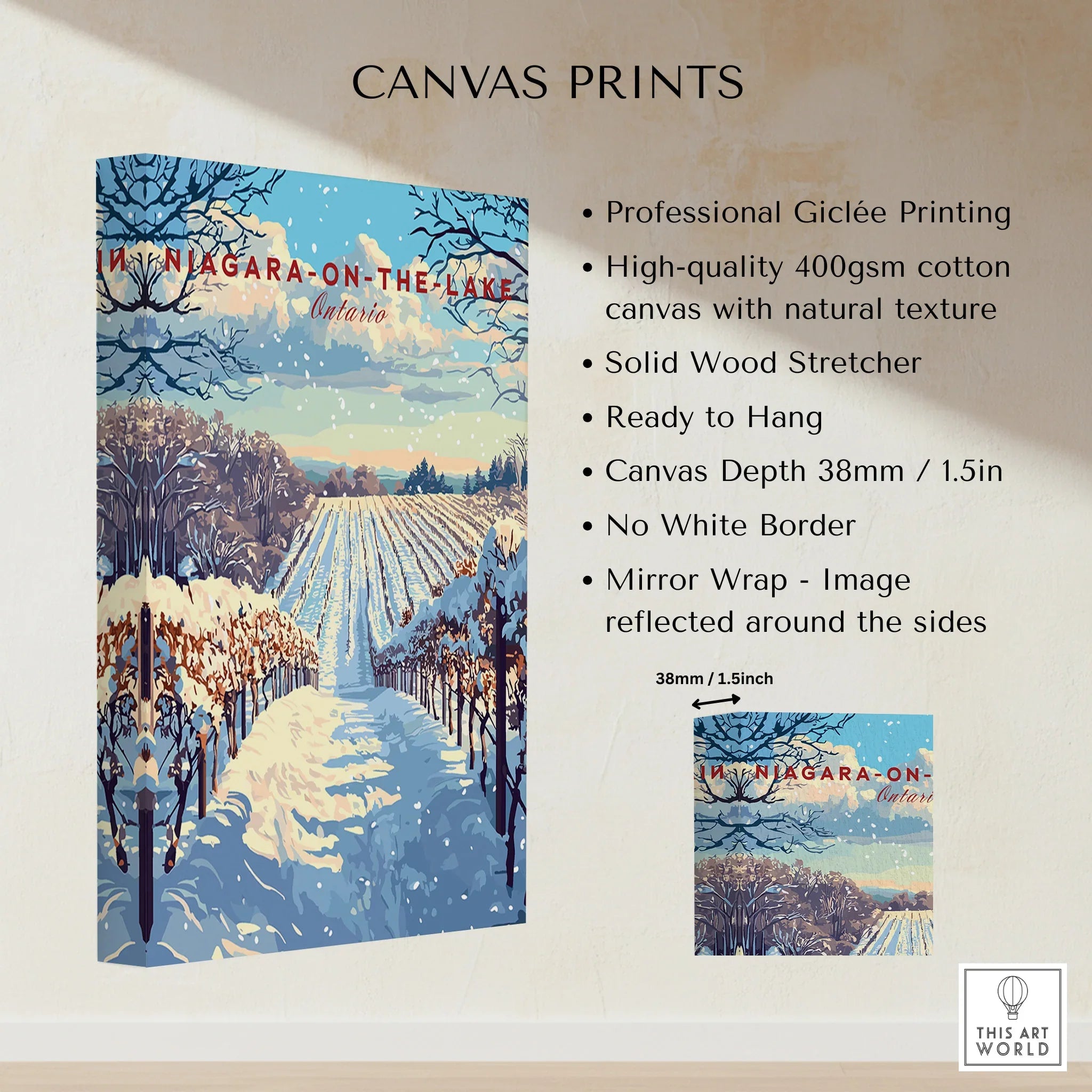 Niagara-on-the-Lake winter vineyard canvas print, snowy landscape wall art for home decor
