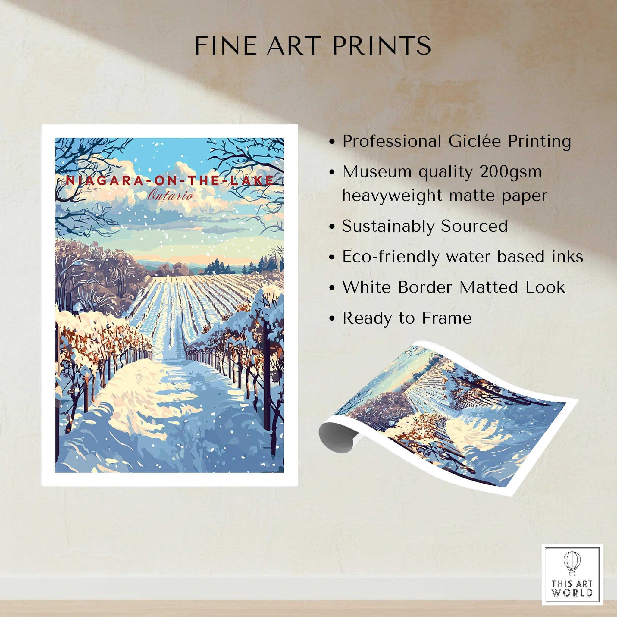 Niagara-on-the-Lake winter vineyard art print with snow-covered rows and blue sky