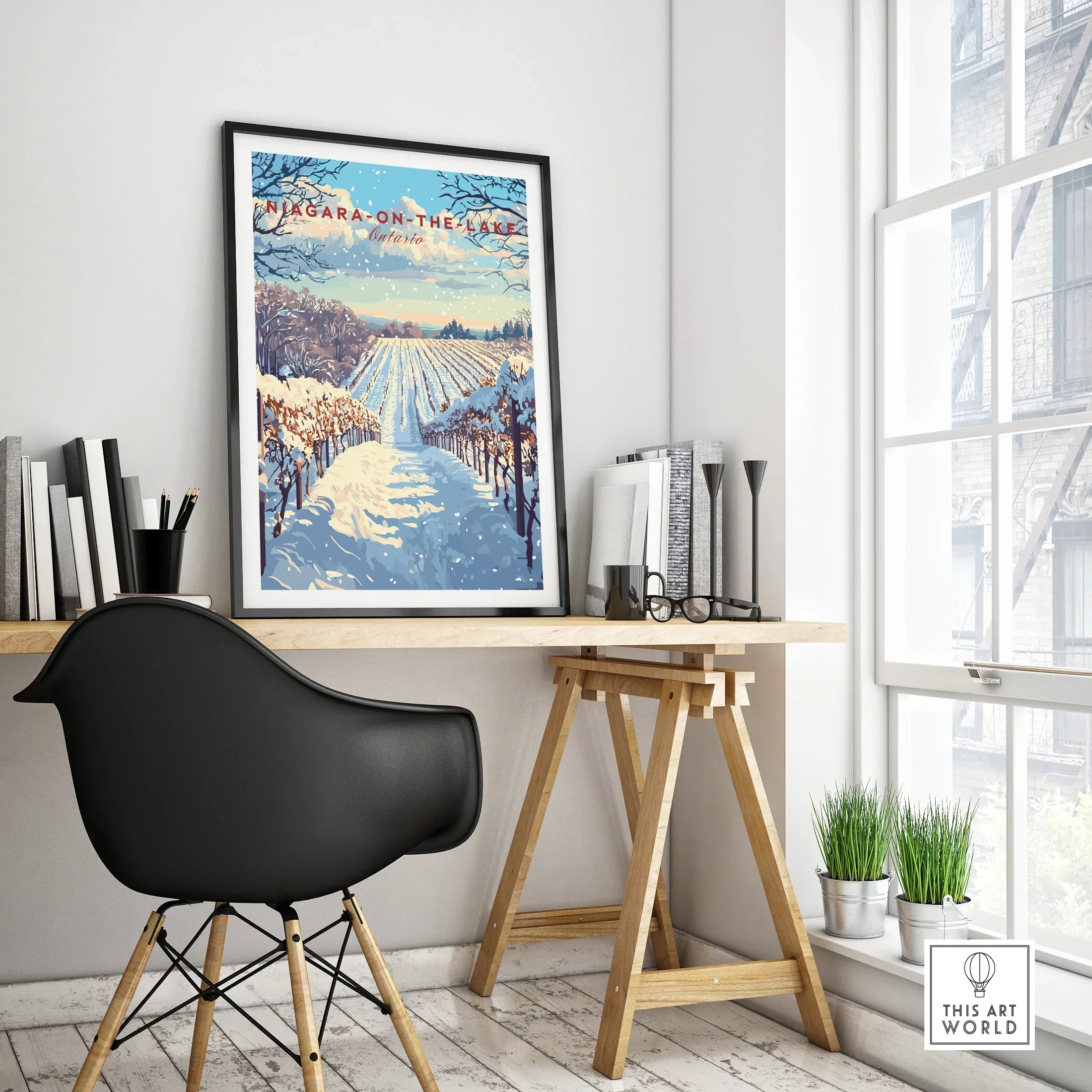 Niagara-on-the-Lake winter vineyard travel poster art for home office wall decor
