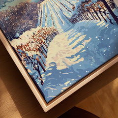Winter forest canvas art with snow-covered trees and blue sky, perfect for home wall decor