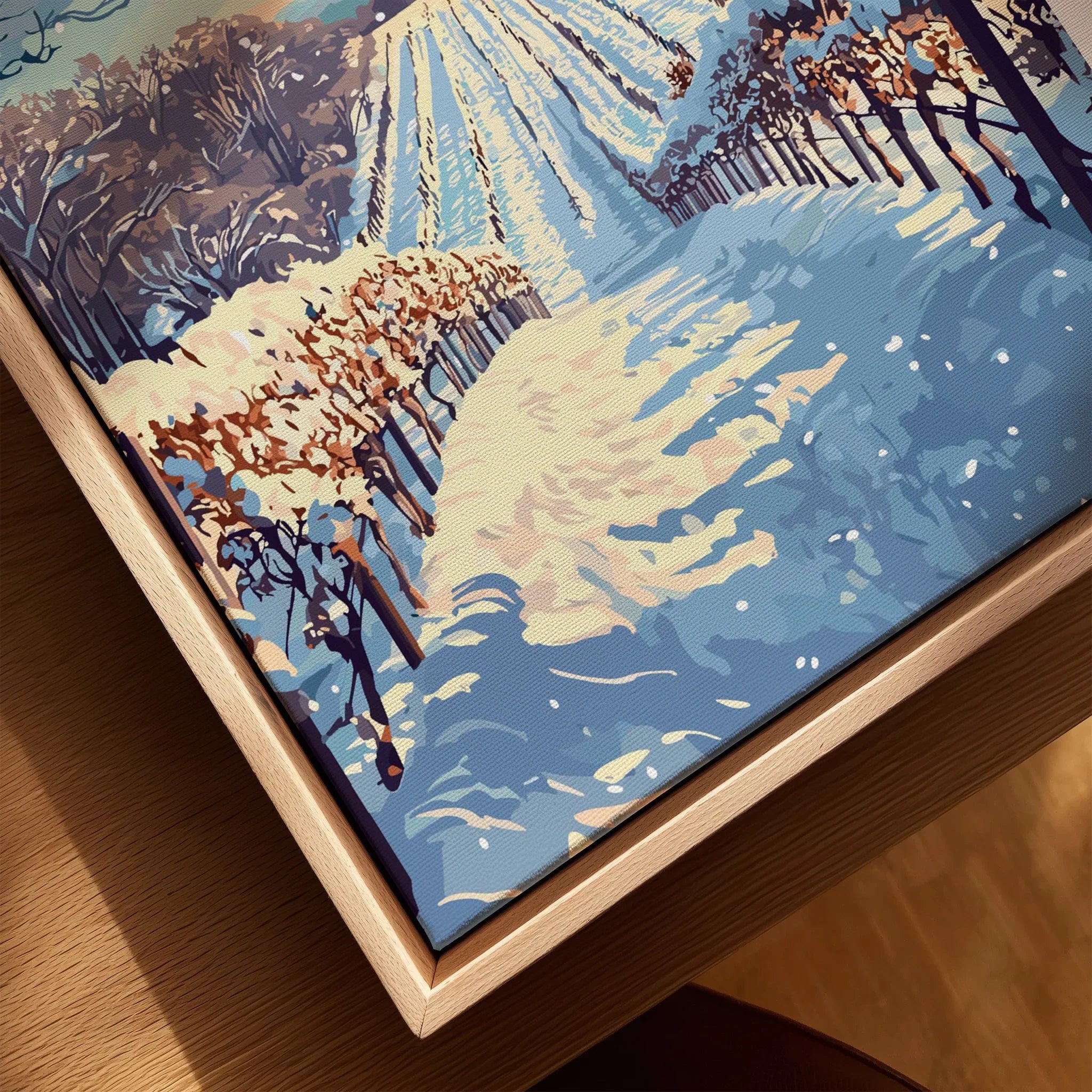 Winter forest canvas art with snow-covered trees and blue sky, perfect for home wall decor