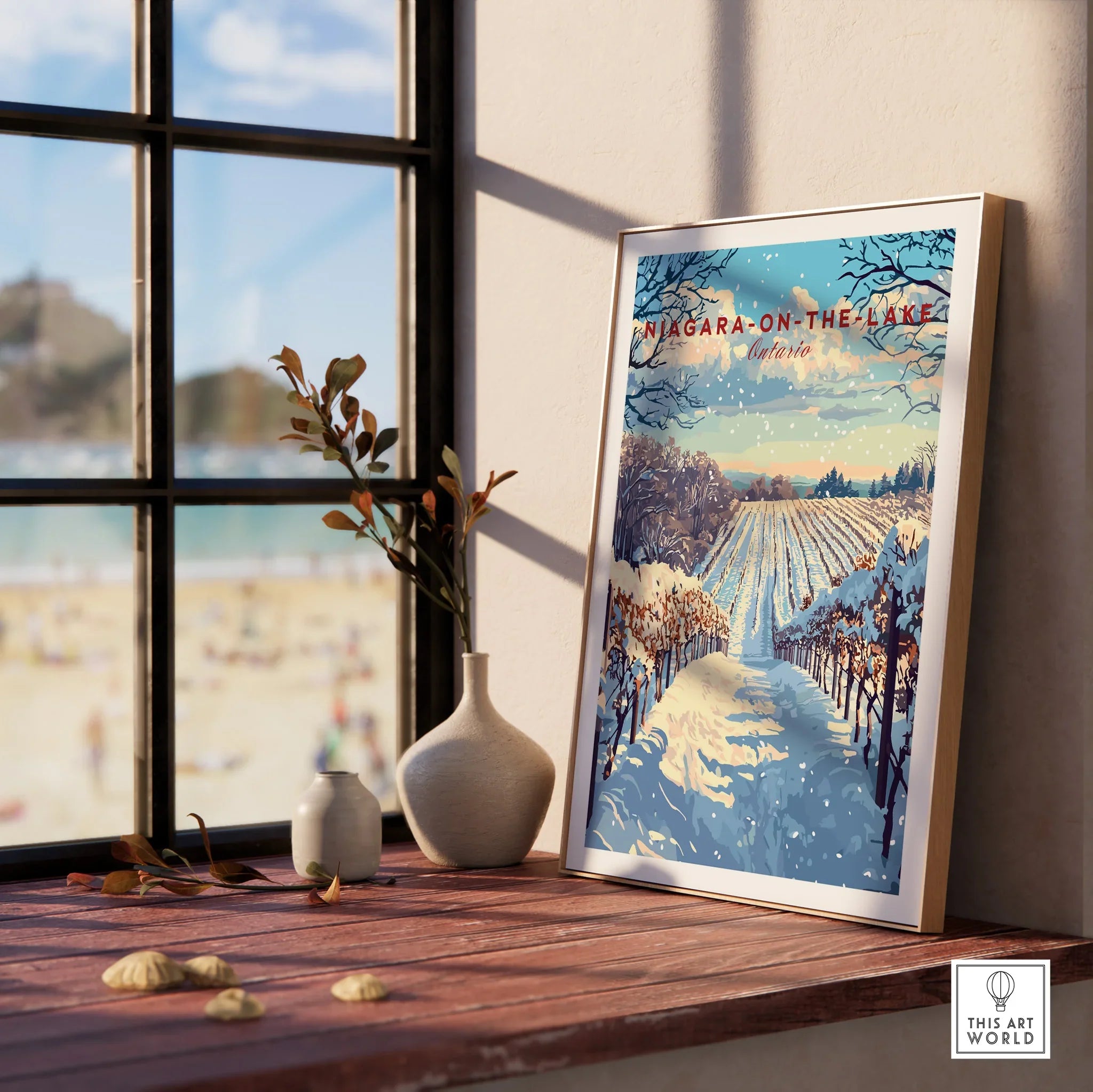 Niagara-on-the-Lake winter vineyard travel poster, framed wall art for home decor