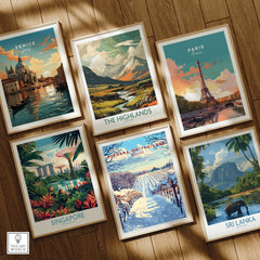 Framed travel posters of Venice, Paris, Scotland, Singapore, Niagara, and Sri Lanka for wall art decor