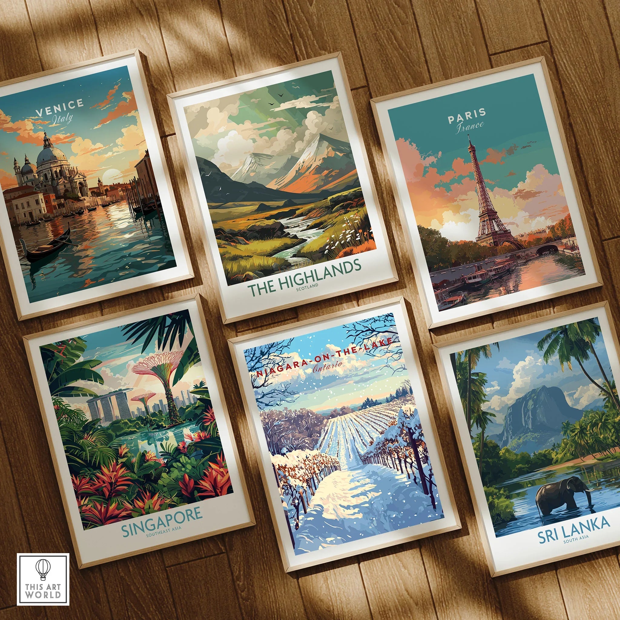 Framed travel posters of Venice, Paris, Scotland, Singapore, Niagara, and Sri Lanka for wall art decor