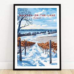 Niagara-on-the-Lake Ontario winter vineyard travel poster with snow-covered rows and blue sky