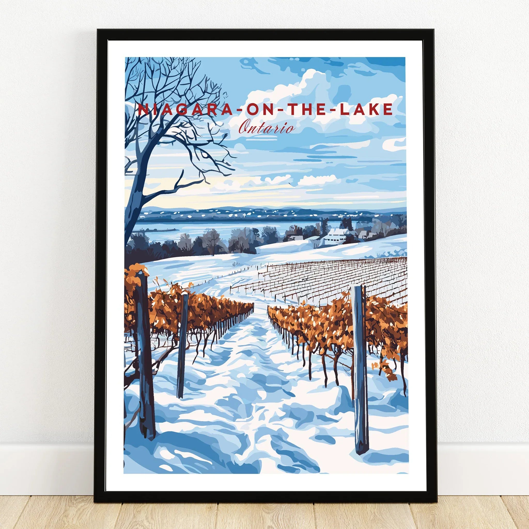 Niagara-on-the-Lake Ontario winter vineyard travel poster with snow-covered rows and blue sky