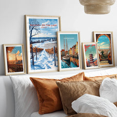 Framed travel posters of Paris, Niagara-on-the-Lake, Copenhagen, Tokyo, and Barcelona for wall art decor