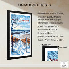 Framed Niagara-on-the-Lake winter vineyard art print, travel poster style wall decor with snowy landscape