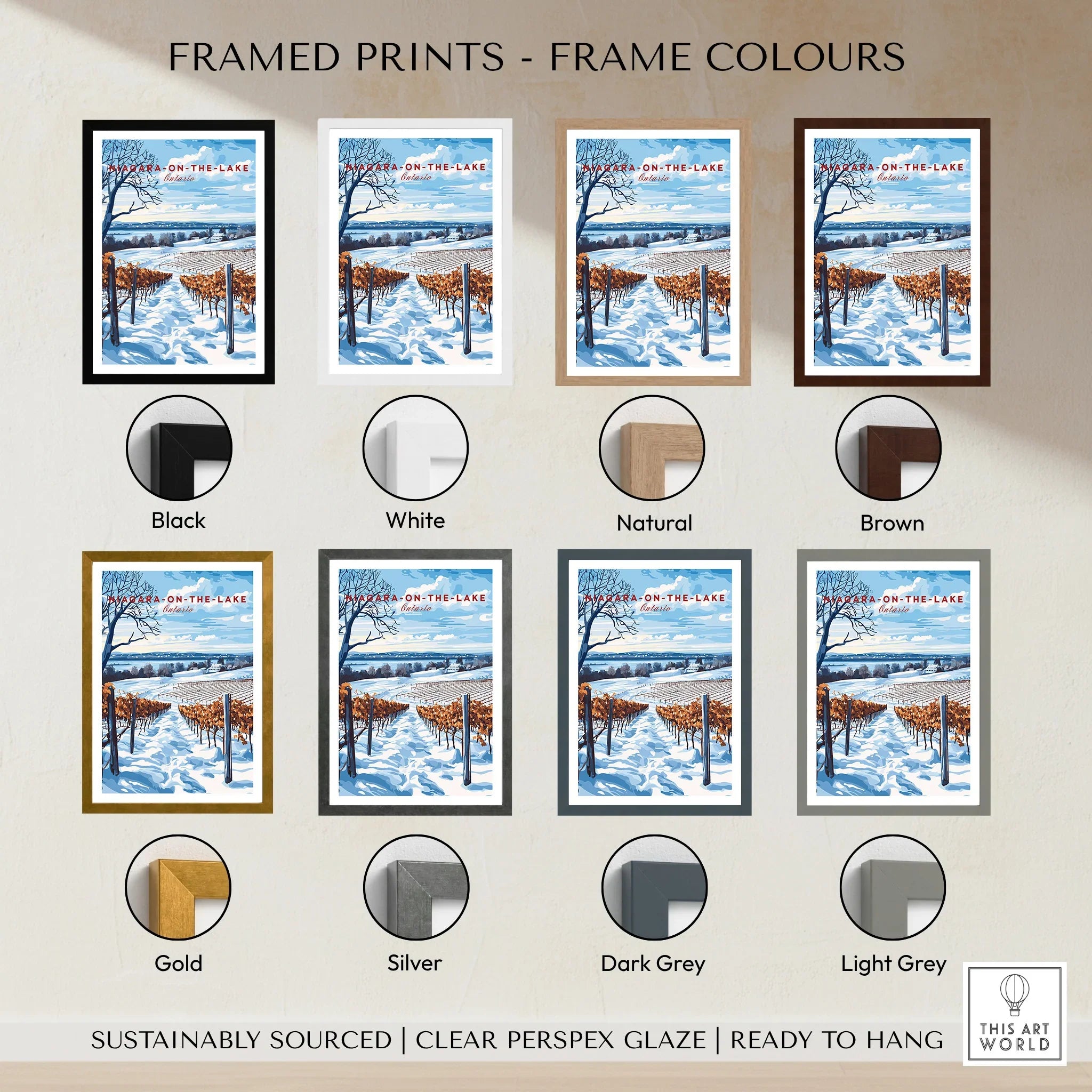 Niagara-on-the-Lake winter vineyard print in 8 frame colors, ready to hang wall art