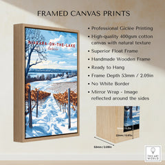 Niagara-on-the-Lake winter vineyard framed canvas print, snowy landscape wall art with wooden float frame