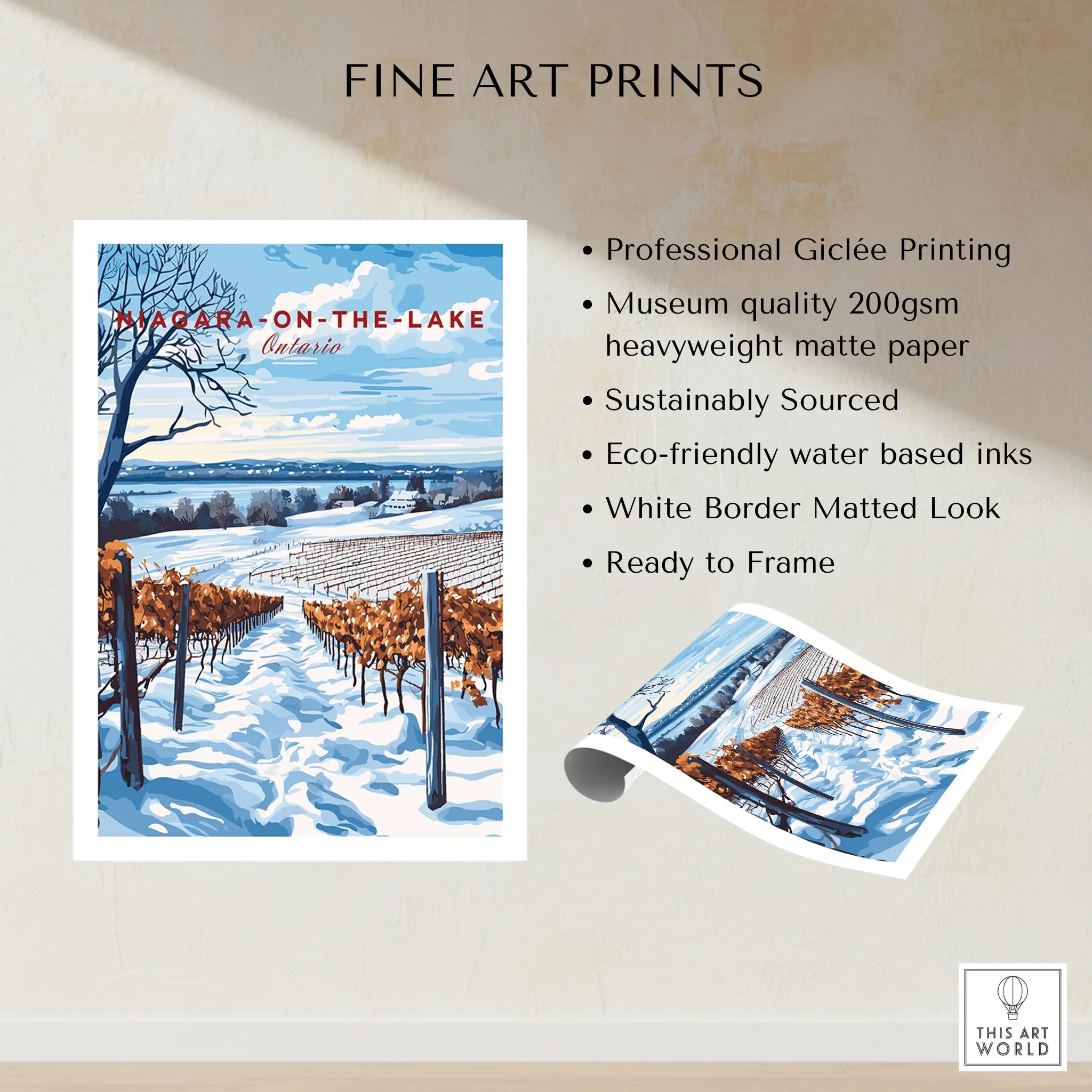 Niagara-on-the-Lake winter vineyard art print, fine art travel poster with snow, ready to frame