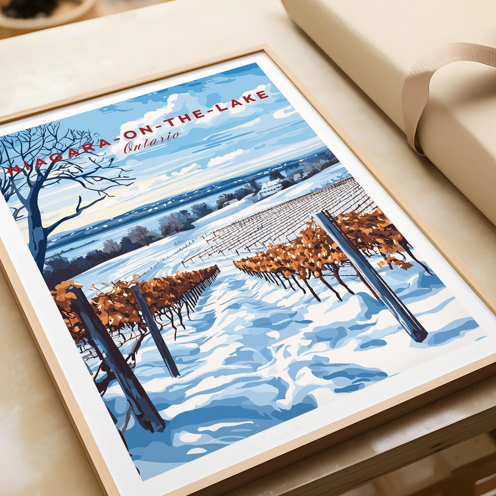 Niagara-on-the-Lake Ontario winter vineyard travel poster art print, snow-covered rows, blue sky