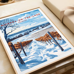 Niagara-on-the-Lake Ontario winter vineyard travel poster art print, snow-covered rows, blue sky