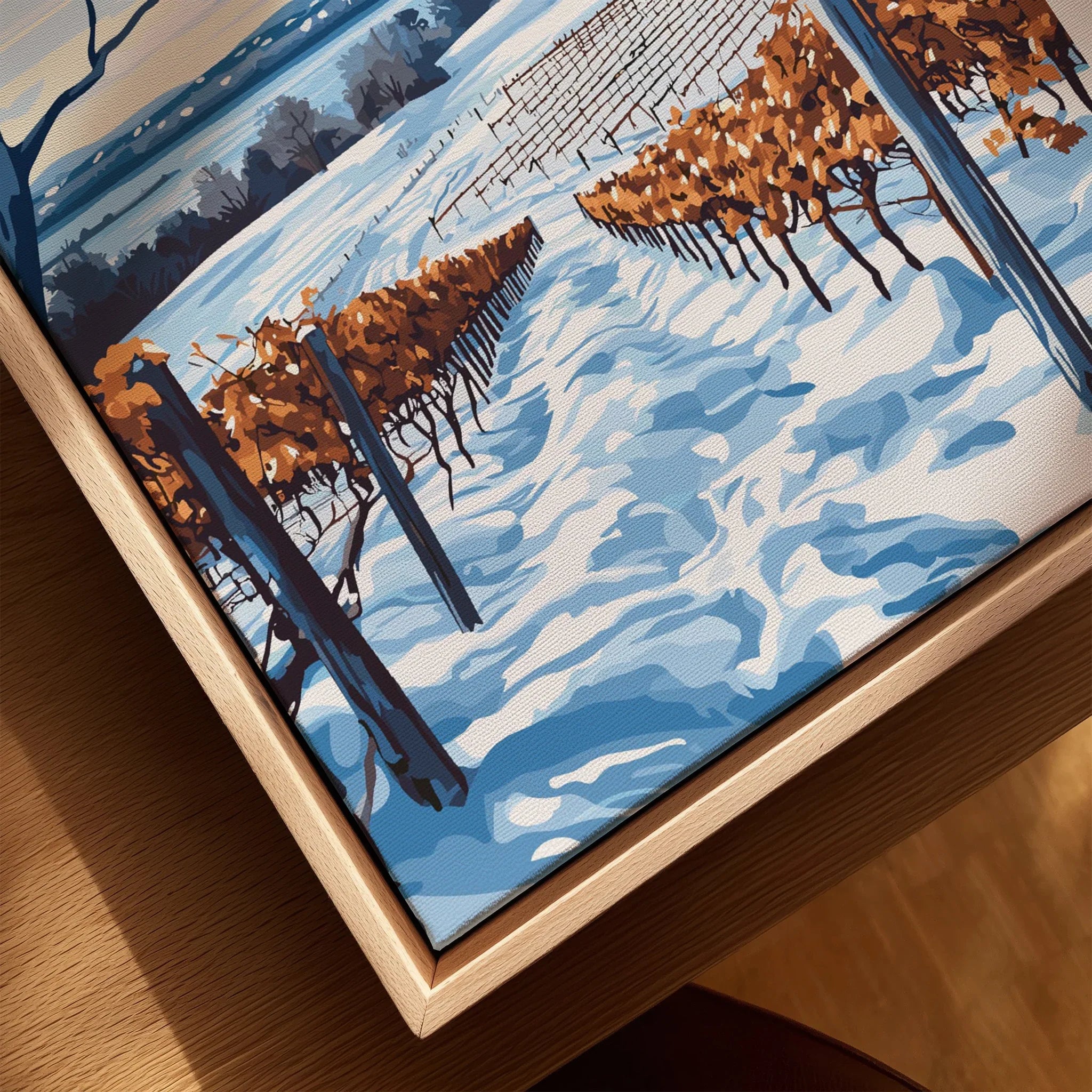 Framed canvas art of autumn vineyard landscape with blue sky, perfect for home wall decor