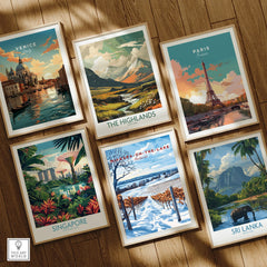 Framed travel posters of Venice, Paris, Highlands, Singapore, Niagara, Sri Lanka for wall art decor