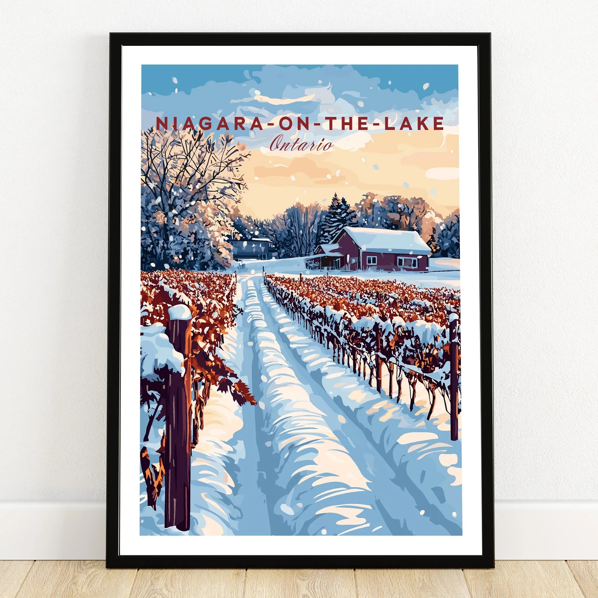 Niagara-on-the-Lake winter vineyard travel poster, Ontario snowscape wall art print