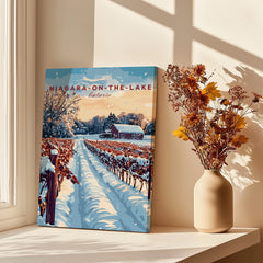 Niagara-on-the-Lake winter vineyard travel poster art, snowy landscape with red barn, perfect for home wall decor