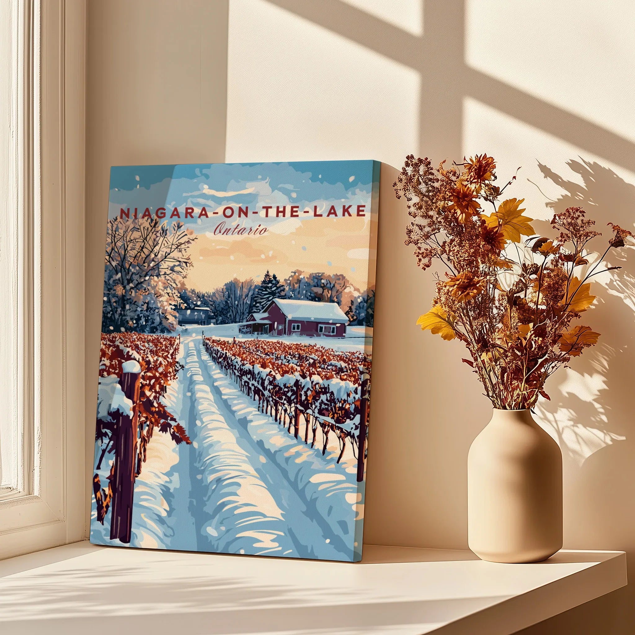 Niagara-on-the-Lake winter vineyard travel poster art, snowy landscape with red barn, perfect for home wall decor