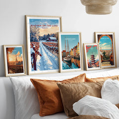 Framed travel posters of Paris, Niagara-on-the-Lake, Copenhagen, Tokyo, and Barcelona for home wall art decor