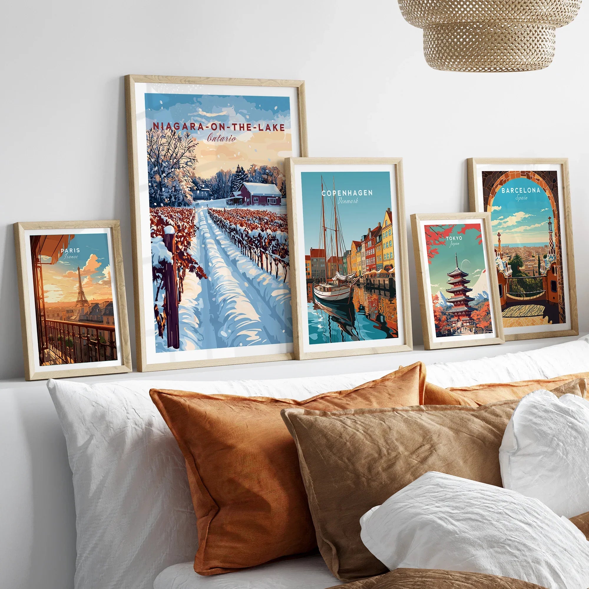 Framed travel posters of Paris, Niagara-on-the-Lake, Copenhagen, Tokyo, and Barcelona for home wall art decor