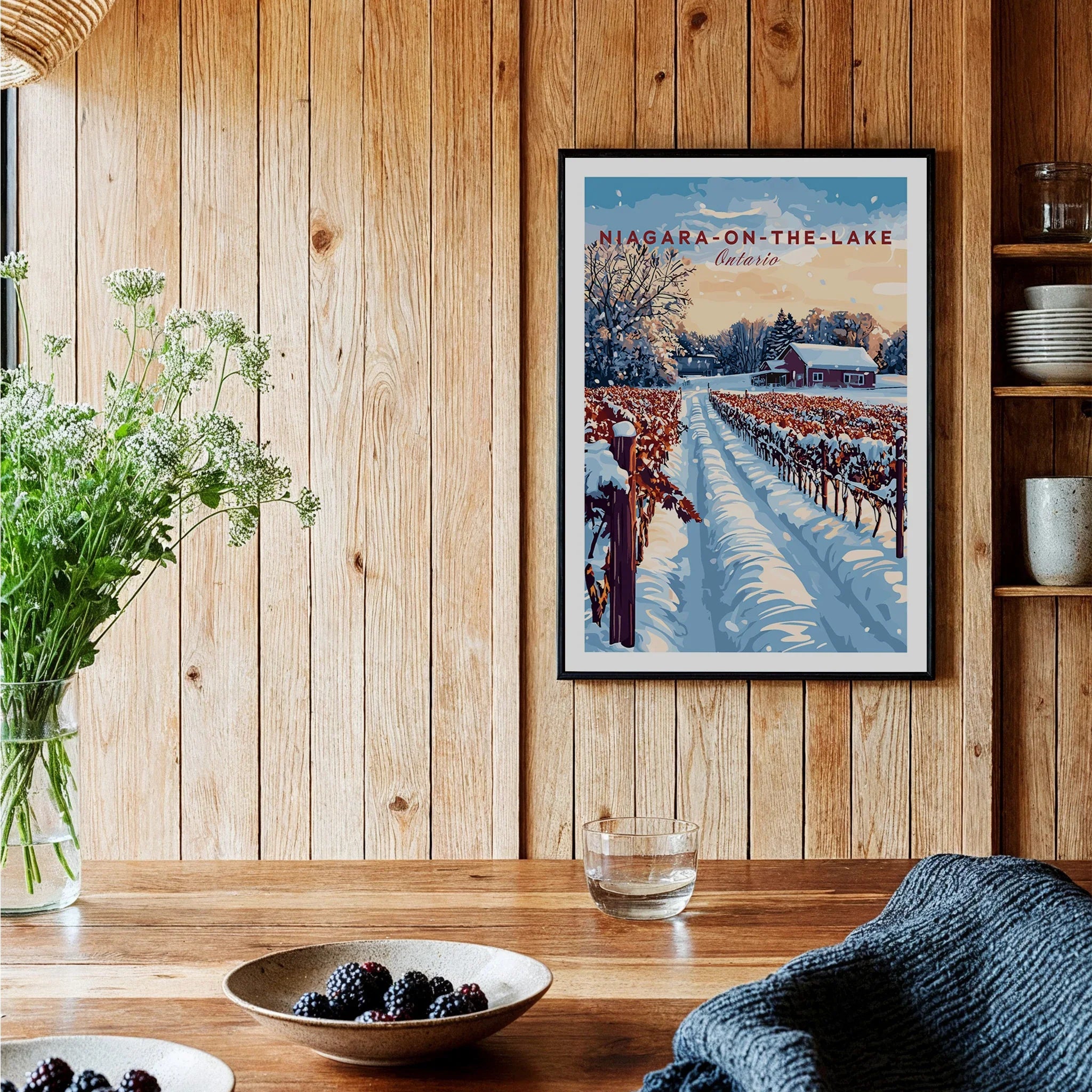 Niagara-on-the-Lake winter vineyard travel poster, Ontario wall art for cozy home decor