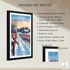 Framed Niagara-on-the-Lake winter vineyard art print with snow, red barn, and white mat border for wall decor