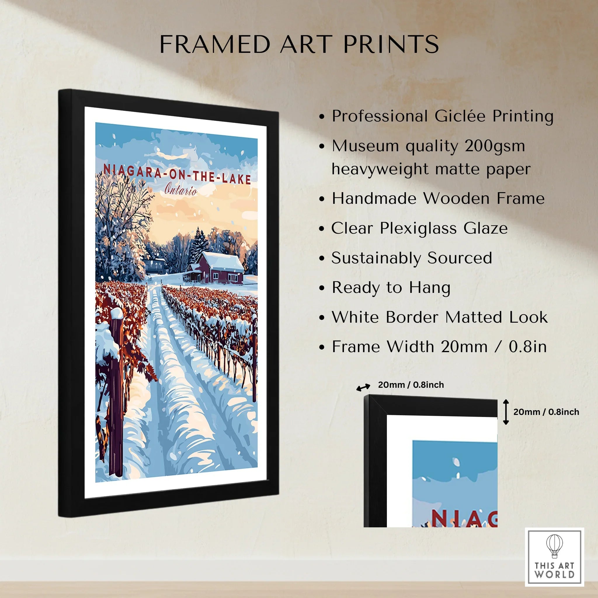 Framed Niagara-on-the-Lake winter vineyard art print with snow, red barn, and white mat border for wall decor