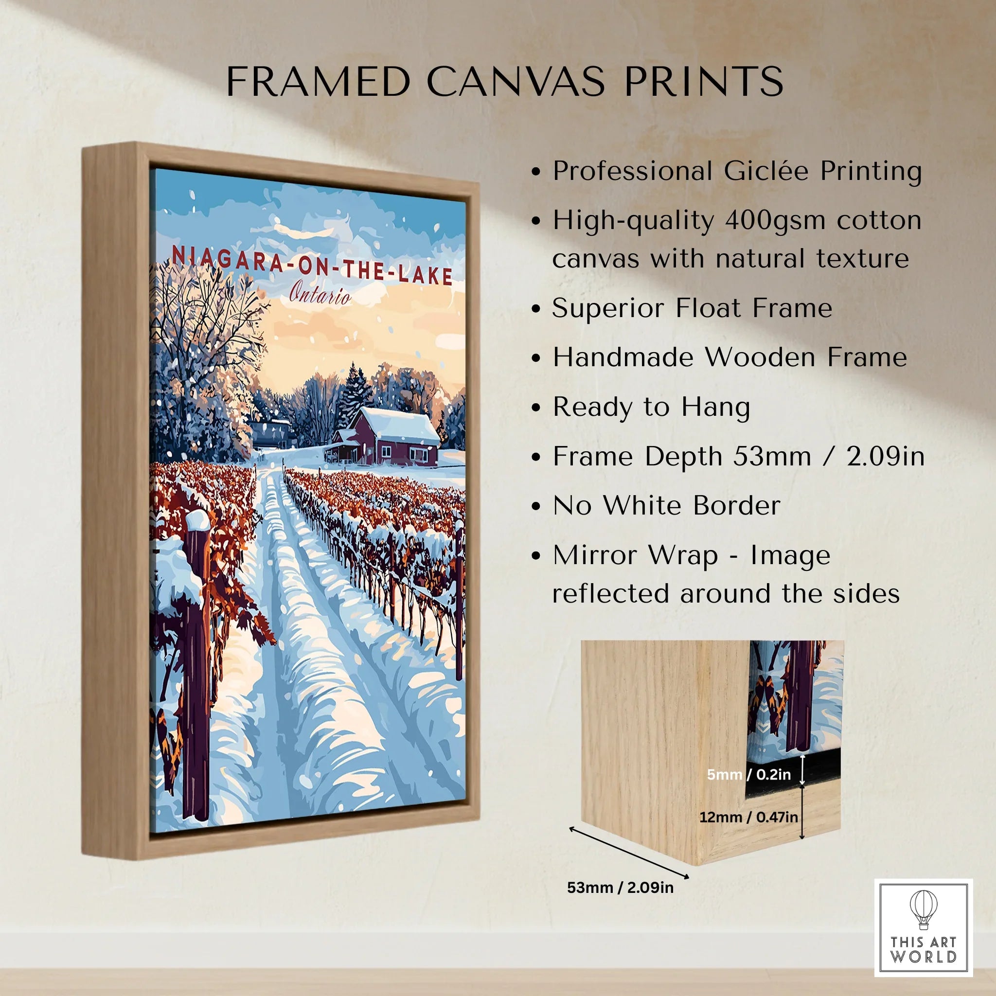 Niagara-on-the-Lake winter vineyard framed canvas print with wooden float frame, ideal for home wall art decor