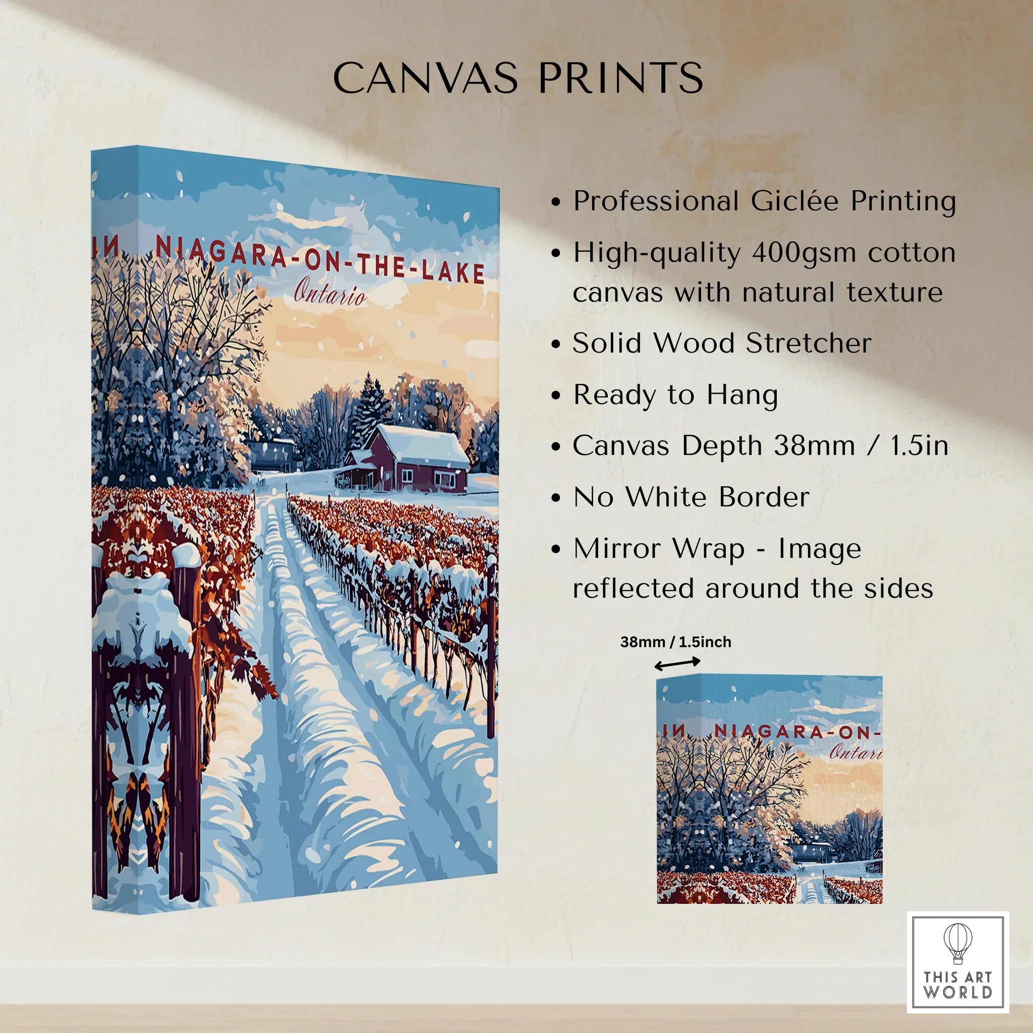 Niagara-on-the-Lake winter vineyard canvas print, snowy landscape wall art for home decor