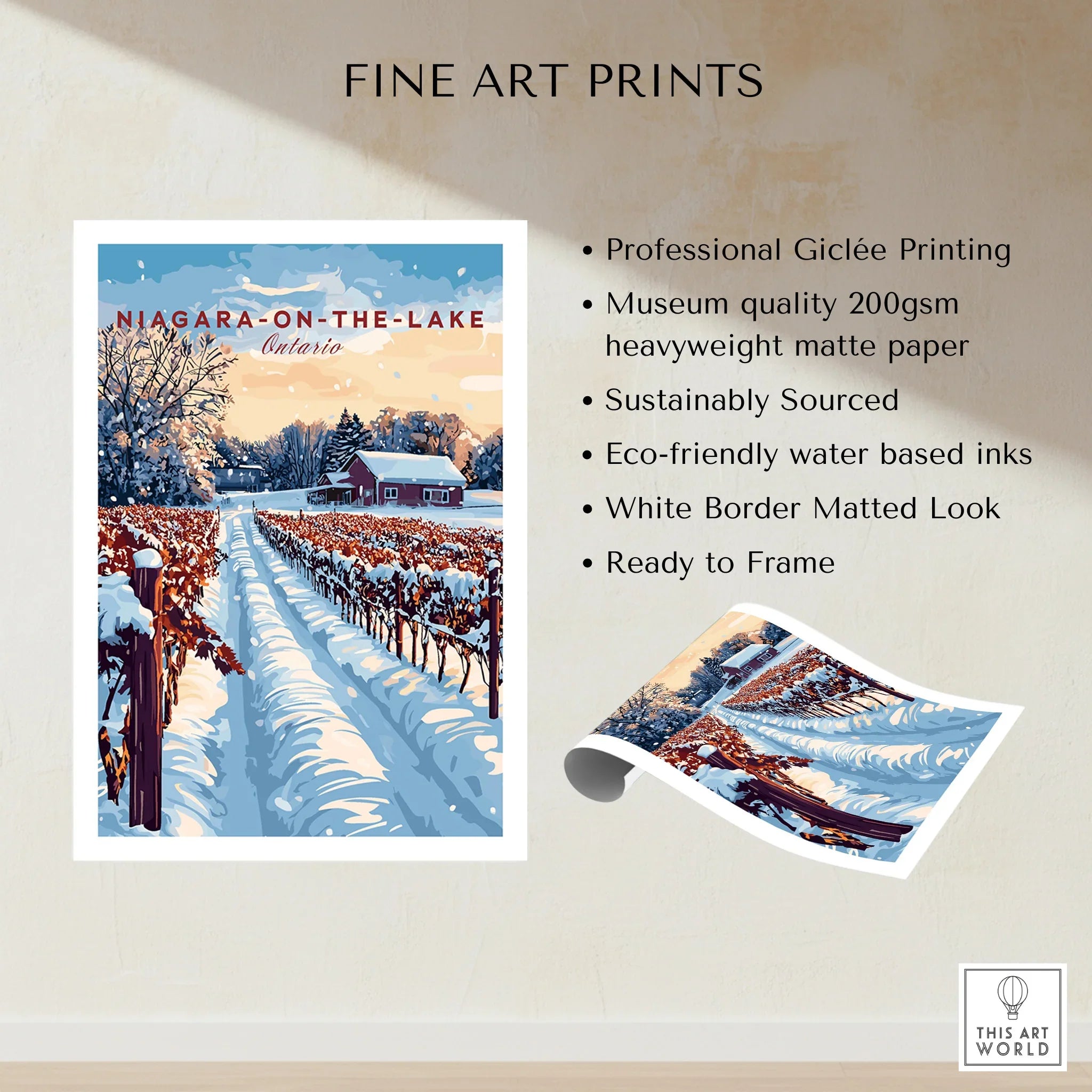 Niagara-on-the-Lake winter vineyard fine art print, snowy landscape wall decor, ready to frame