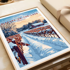 Niagara-on-the-Lake Ontario winter vineyard travel poster art print, snow-covered rows, rustic barn, framed wall decor