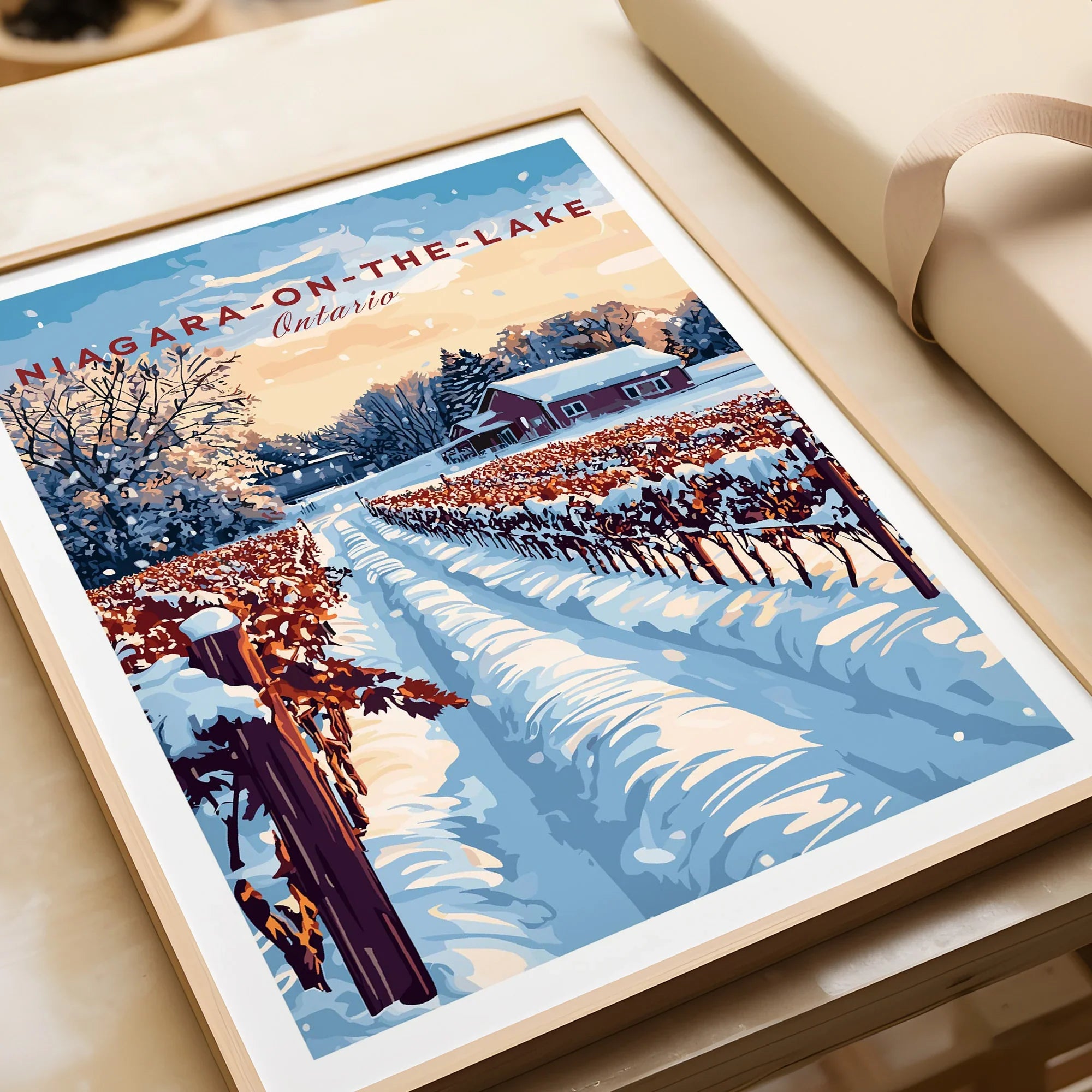 Niagara-on-the-Lake Ontario winter vineyard travel poster art print, snow-covered rows, rustic barn, framed wall decor