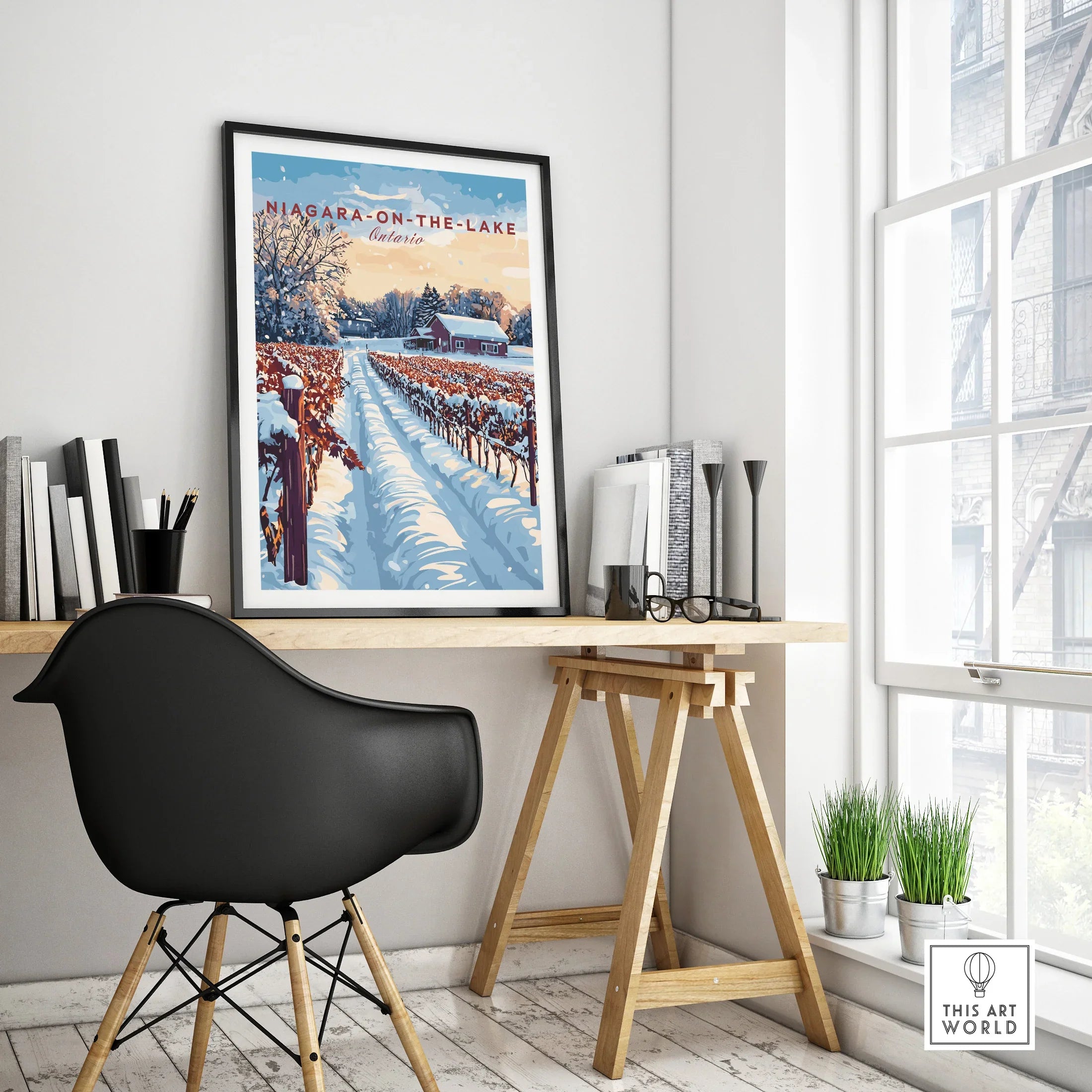 Niagara-on-the-Lake winter travel poster with snow-covered vineyards, perfect for home wall art decor