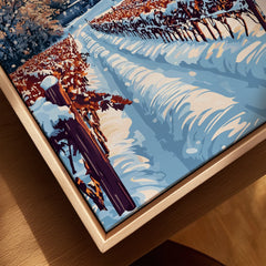 Snowy forest landscape wall art print with autumn trees, perfect for home decor