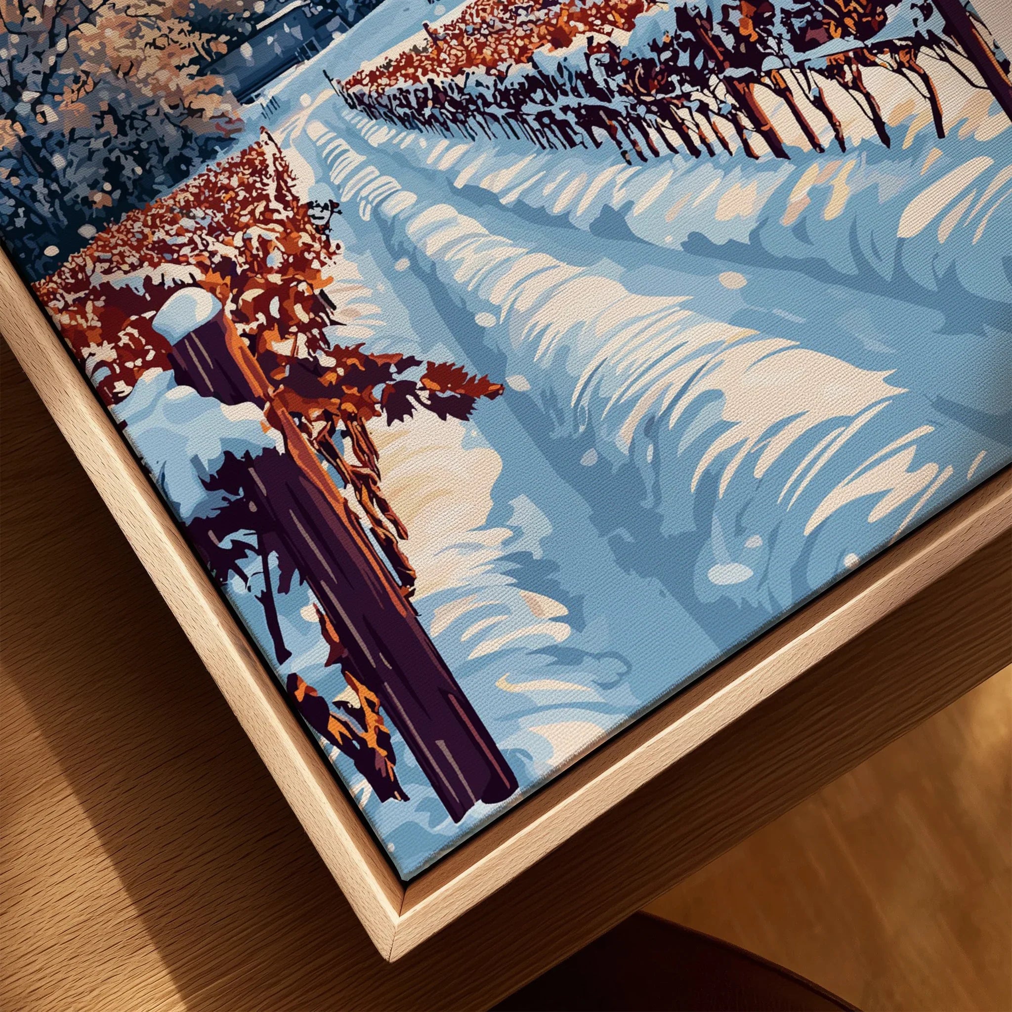 Snowy forest landscape wall art print with autumn trees, perfect for home decor
