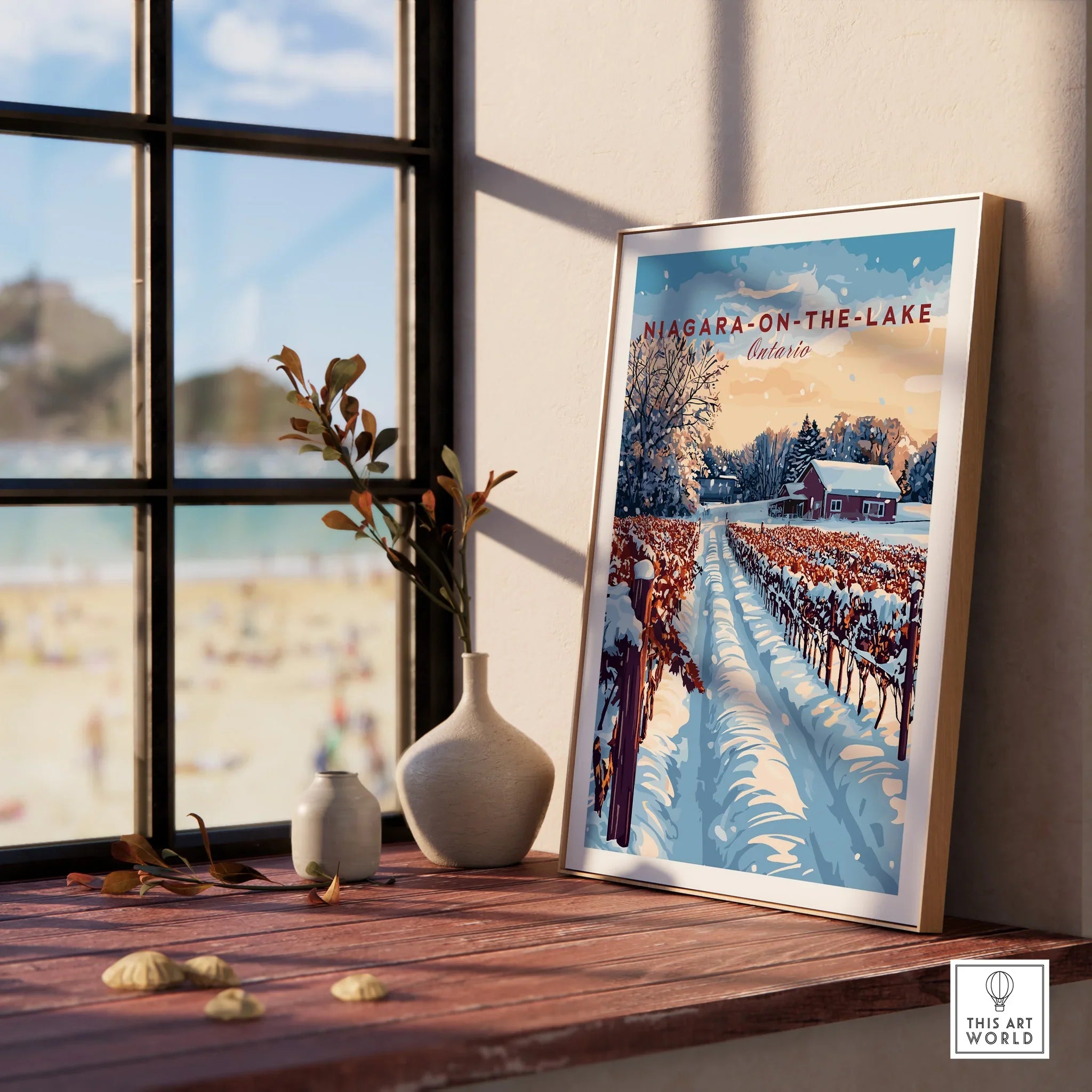 Niagara-on-the-Lake winter vineyard travel poster, framed wall art for home decor