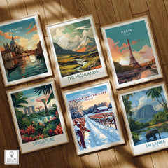 Framed travel posters of Venice, Paris, Scotland Highlands, Singapore, Niagara, and Sri Lanka for wall art decor