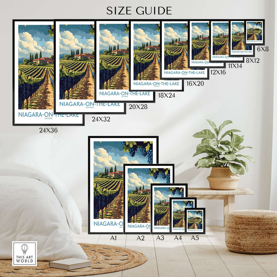 Size guide for Niagara-on-the-Lake Canada poster showcasing various dimensions and a stylish home backdrop.